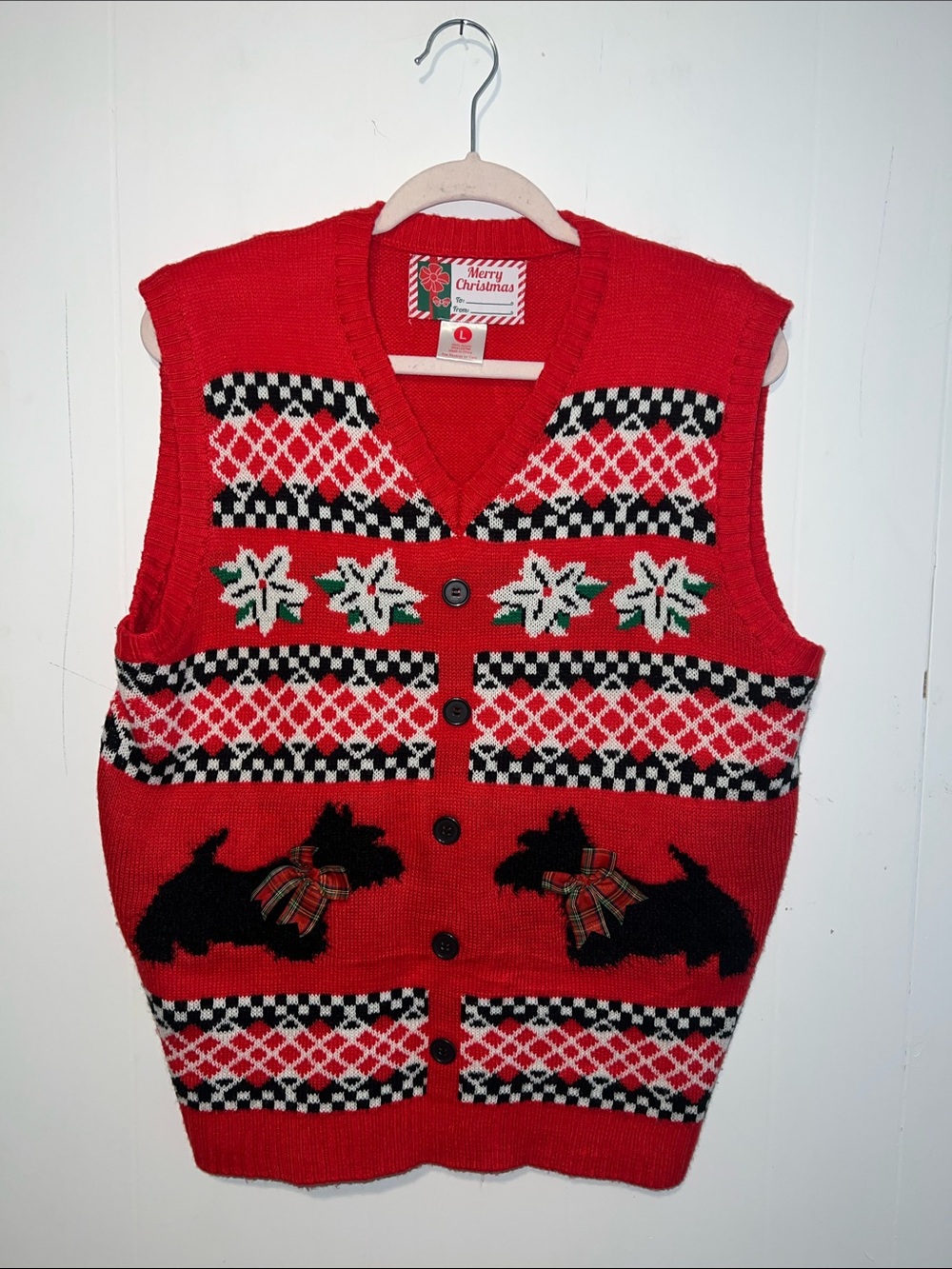 Women’s Red Holiday Knit Cardigan Vest with Scottie Dog Motif